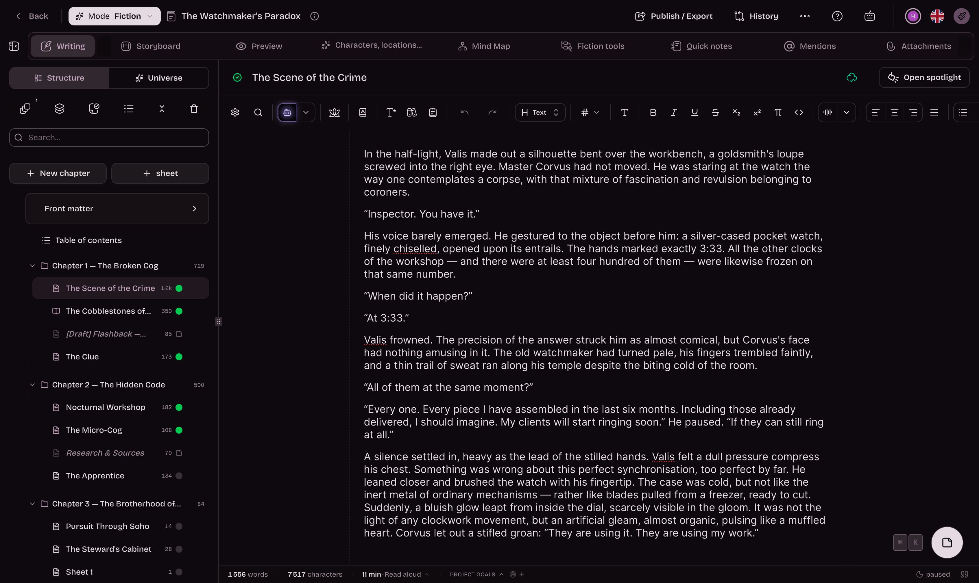 Extypis dark mode interface — free Scrivener alternative