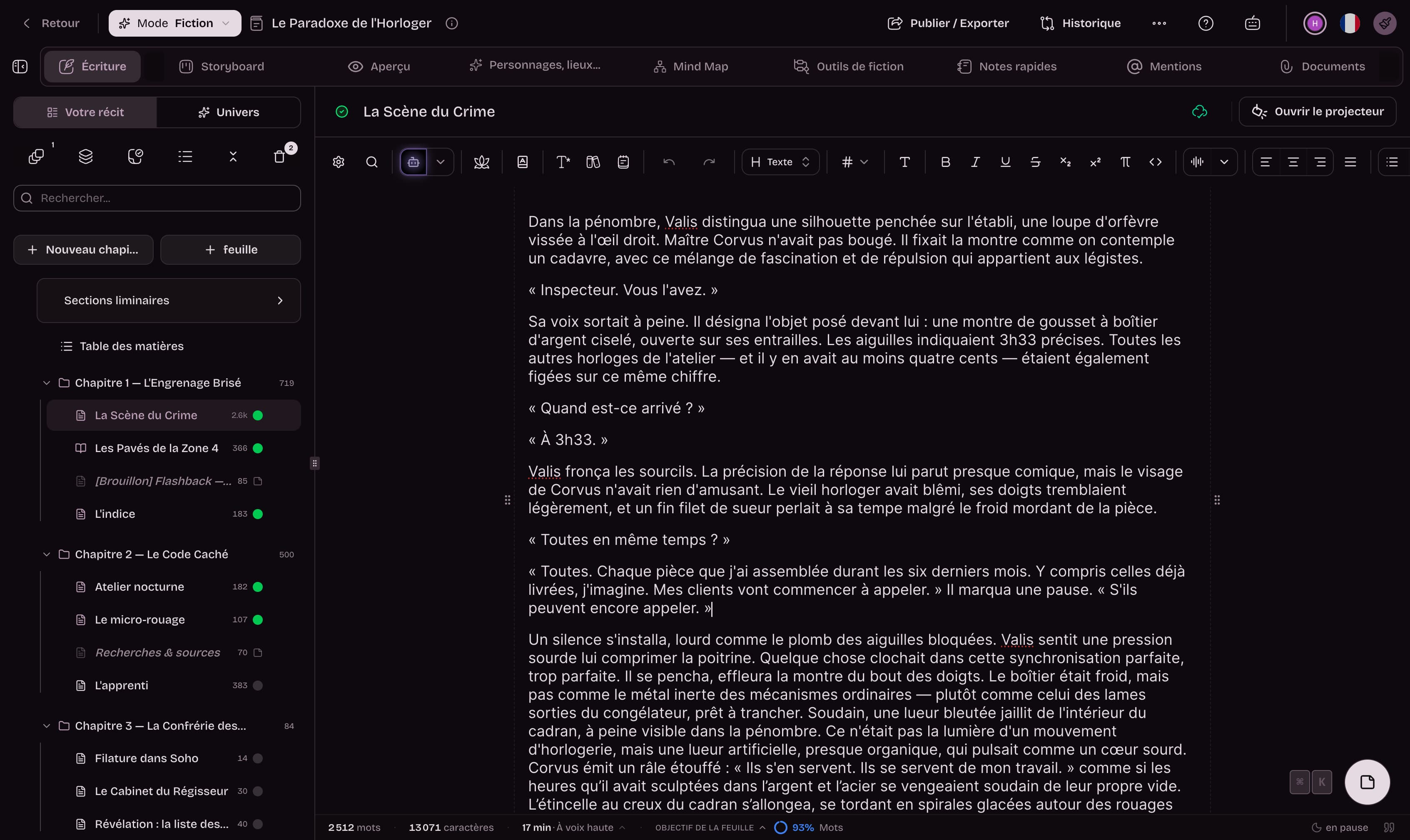 Interface Extypis mode sombre — alternative gratuite à Scrivener