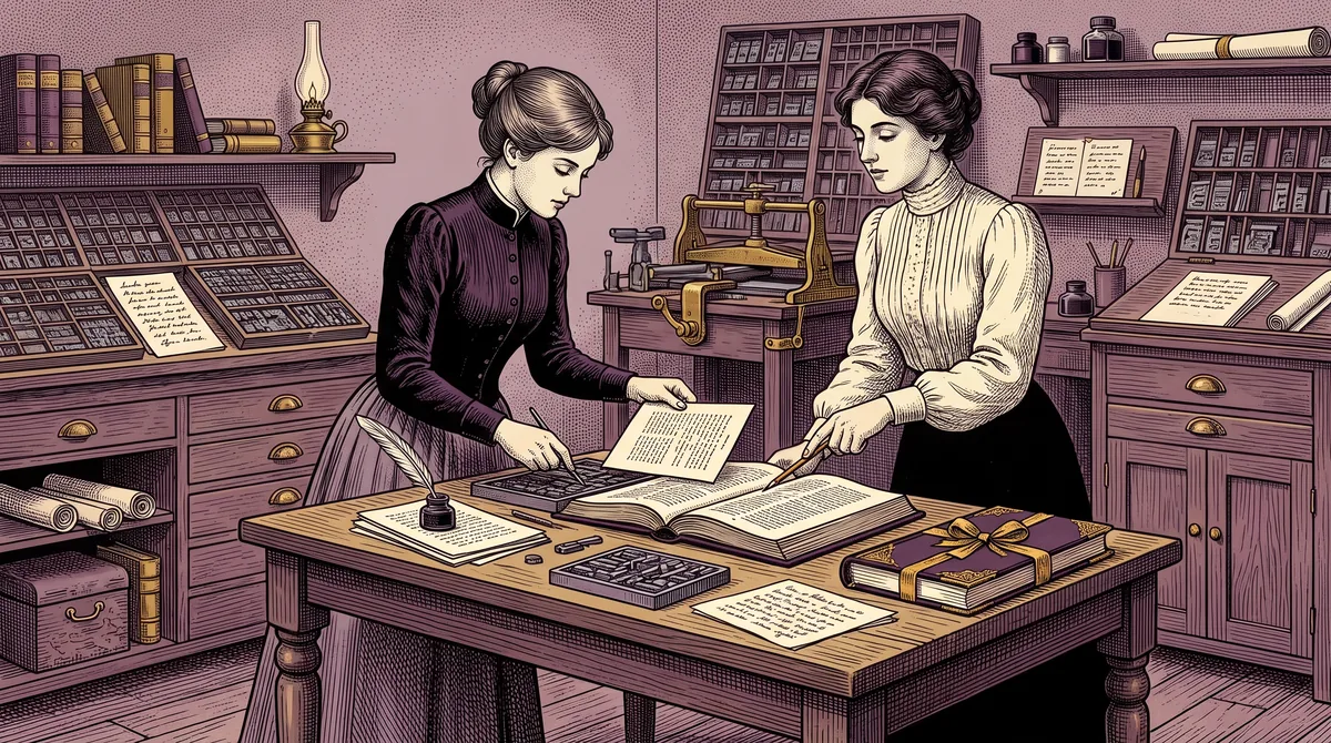Gravure : dans un atelier de composition, une autrice range pages et caractères en un volume fini, une jeune femme au carnet lui désignant une page.