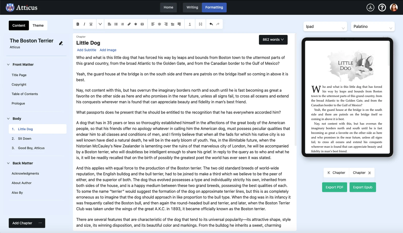 L'onglet Mise en page d'Atticus : à gauche la liste des pages de début, des chapitres et des pages de fin, au centre le texte d'un chapitre, à droite l'aperçu du chapitre sur un iPad, avec les boutons d'export en PDF et en EPUB.