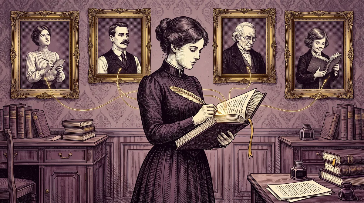 Gravure : sous quatre portraits encadrés de personnages, une autrice écrit dans un grand livre, et des fils d'or relient chaque portrait à ses pages.