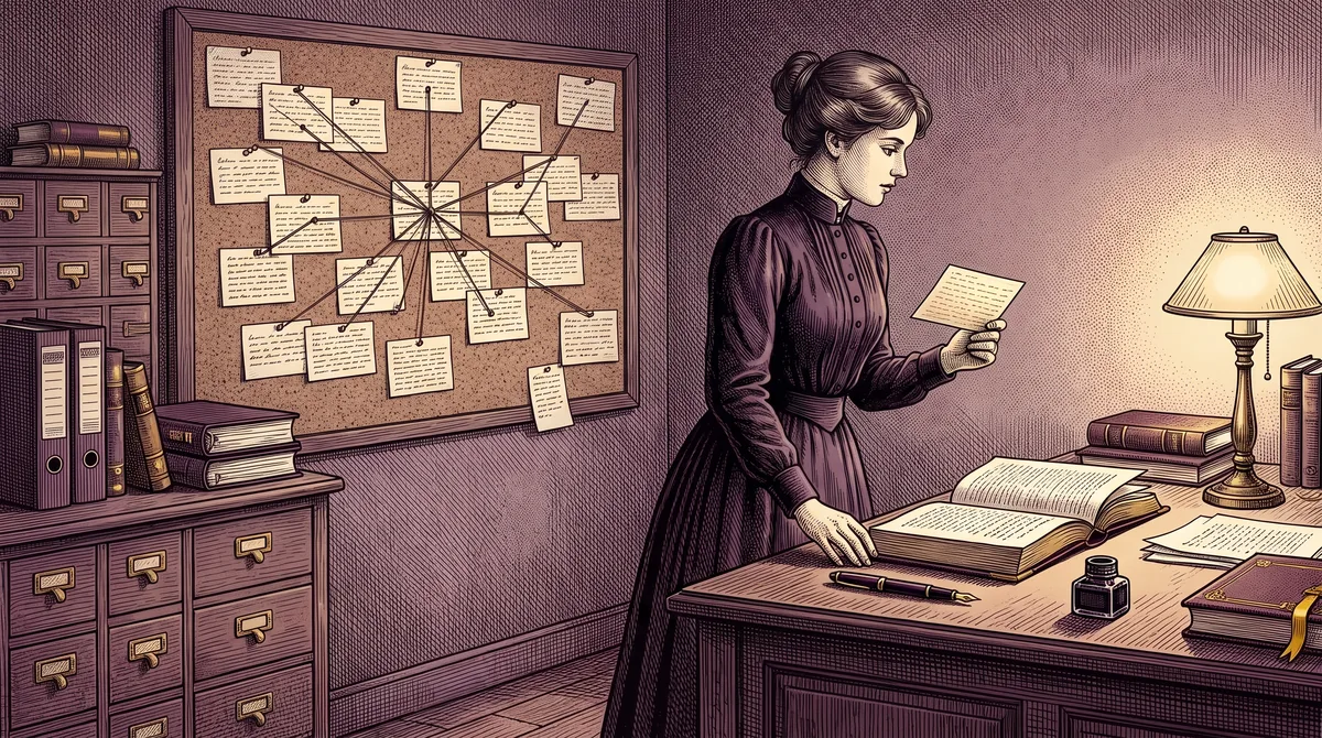 Gravure : dans son bureau, une autrice tient une fiche devant un grand tableau de liège couvert de fiches reliées par des fils, à côté d'un meuble à tiroirs, un livre ouvert sur la table sous la lampe.