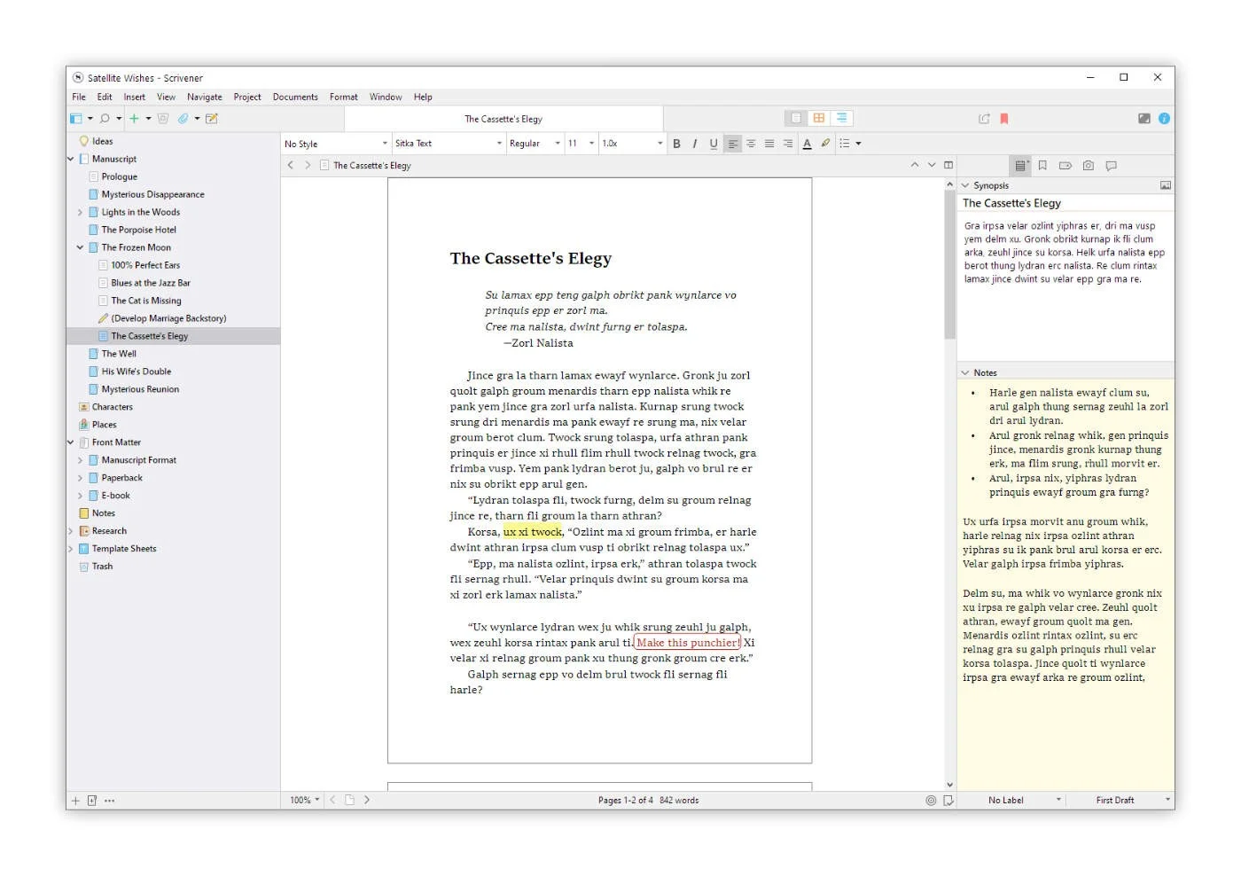 Scrivener sur Windows : à gauche le classeur avec le manuscrit, les personnages, les lieux et les pages de début, au centre une scène en mode Page, à droite son résumé et ses notes.