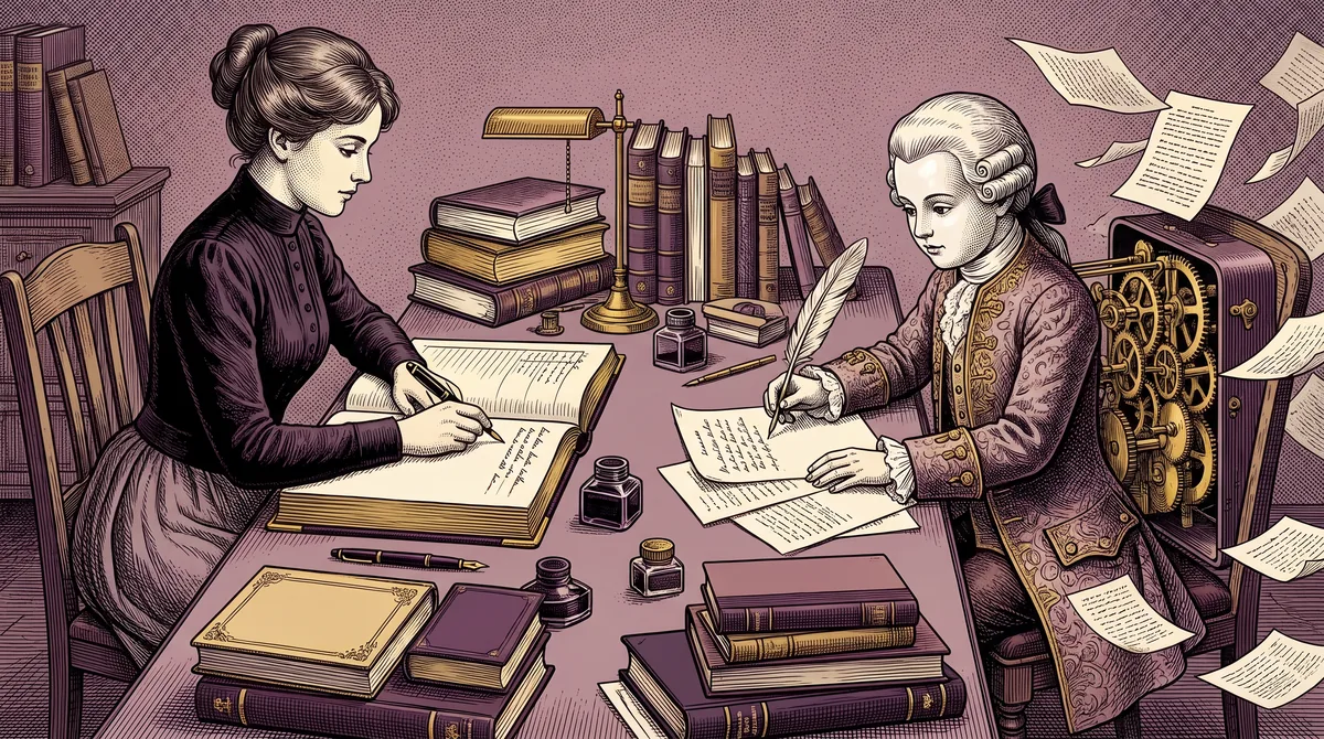 Gravure : à une même table, un automate écrivain du XVIIIᵉ siècle, mécanisme à nu, couvre des feuilles à toute vitesse pendant qu'en face une autrice écrit calmement dans un grand livre.