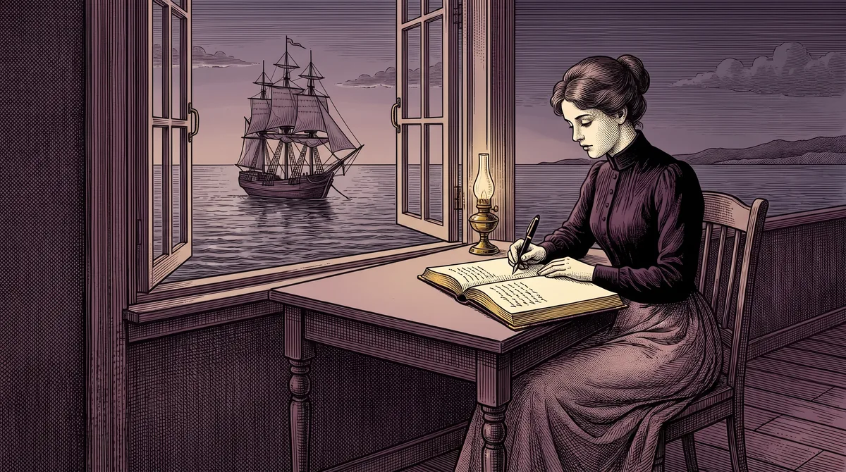 Gravure : au crépuscule, une autrice écrit seule à une table nue, devant une fenêtre ouverte sur la mer où mouille un trois-mâts.