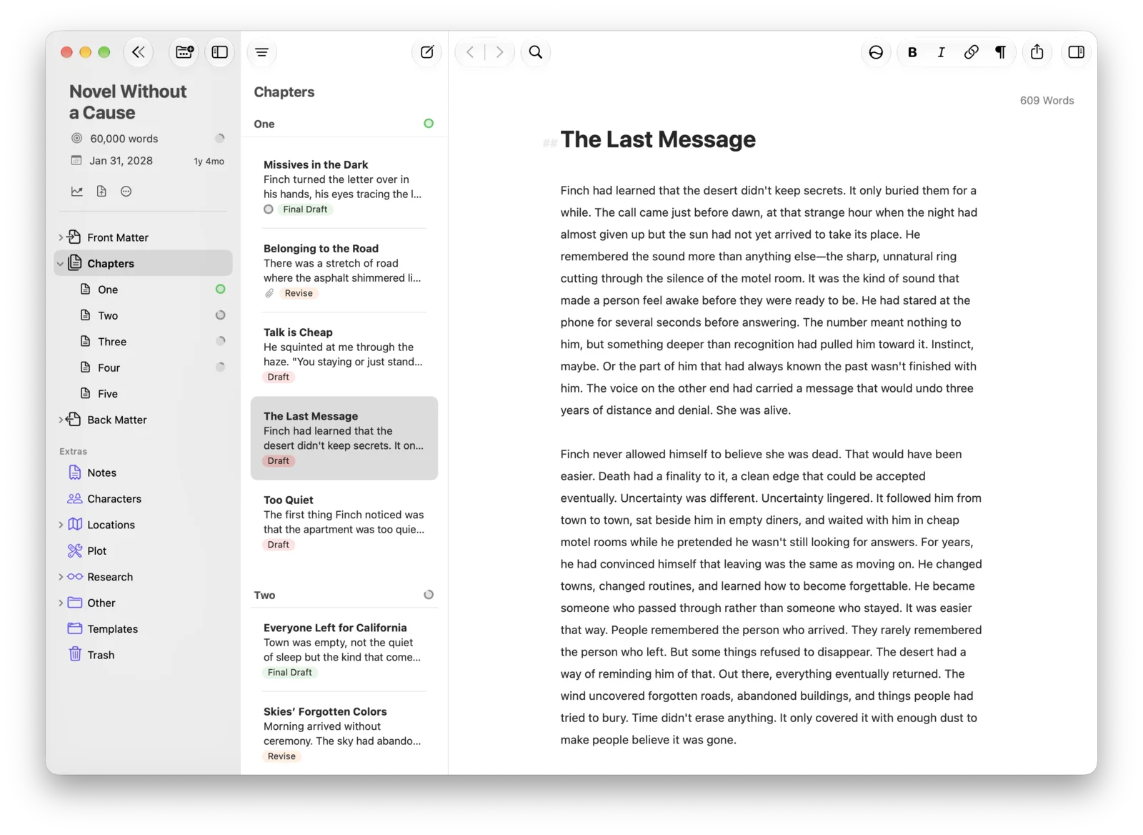 Ulysses sur Mac : à gauche la bibliothèque d'un roman, avec ses groupes Pages de début, Chapitres et Pages de fin et une section Extras (Notes, Personnages, Lieux, Intrigue, Recherche), au centre la liste des feuilles d'un chapitre avec leur état, à droite le texte d'une scène.