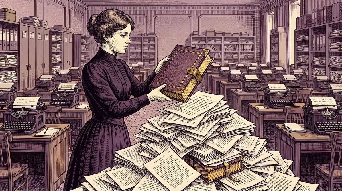 Gravure : dans un grand bureau rempli de machines à écrire et de classeurs, une autrice tire un livre relié d'une montagne de feuilles dactylographiées.