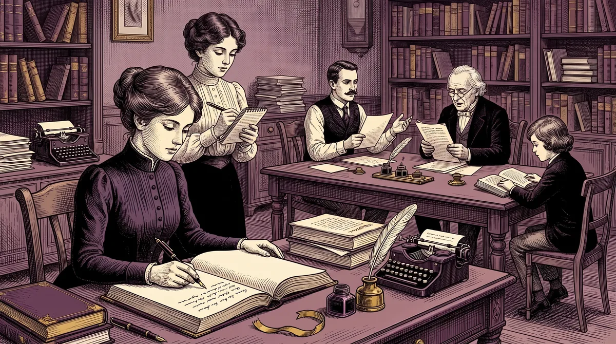 Engraving: in a literary salon, writers pass pages around a table; in the foreground a writer writes in a large book while a young woman with a notebook reads over her shoulder.
