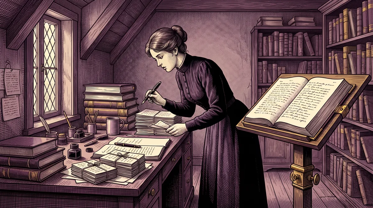 Gravure : dans une mansarde, une autrice penchée sur une table couverte de registres et de liasses de fiches nouées compare ses piles avec un grand livre ouvert sur un lutrin.